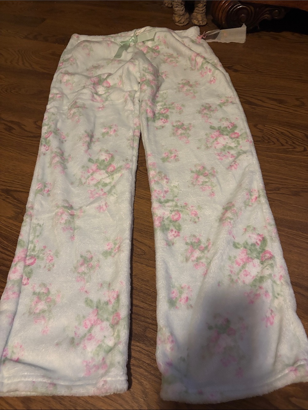 Shabby Chic White Pajama Pants with Pink & Green Floral Print